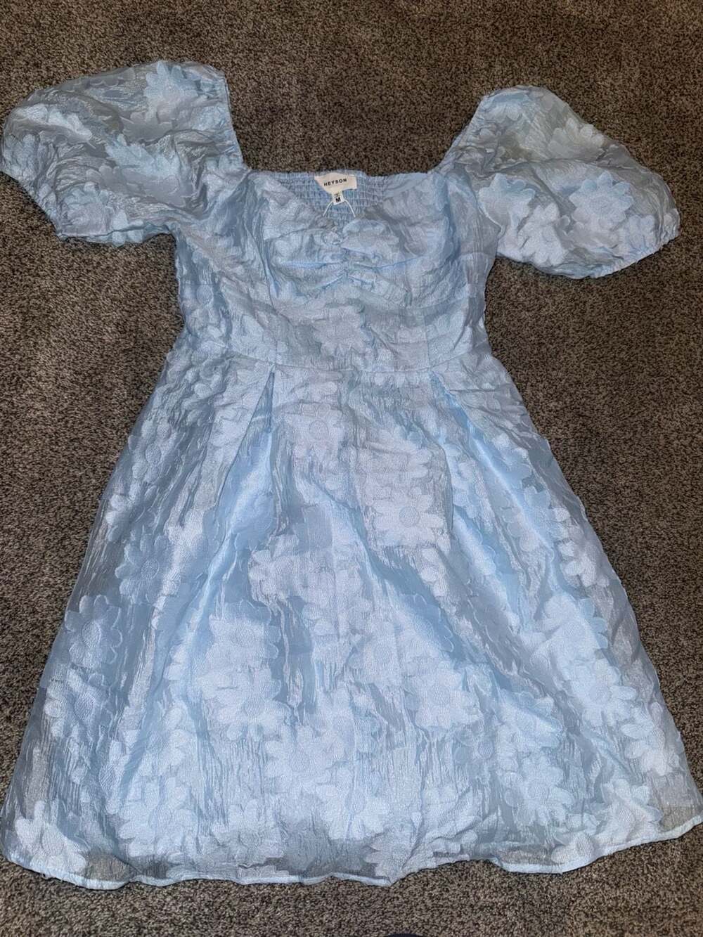 HEYSON Light Blue Jacquard Floral Puff Sleeve Mini Dress Size M NWT